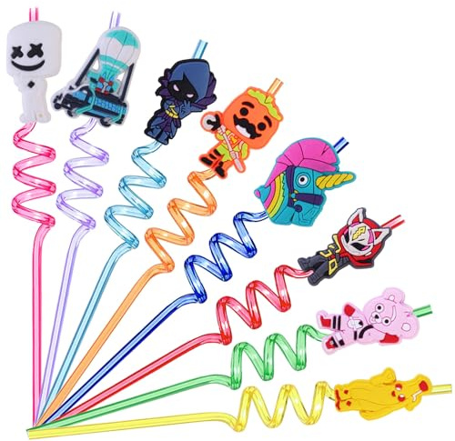 VOVhpbidy 8 Pezzi Fortnit Cannucce Riutilizzabili Bambini, Cannucce di Plastica Ricurve Riutilizzabili Fortnit, Spirale Straw Lavabili per Decorazioni di Compleanno Bambini, Festa per Cocktail