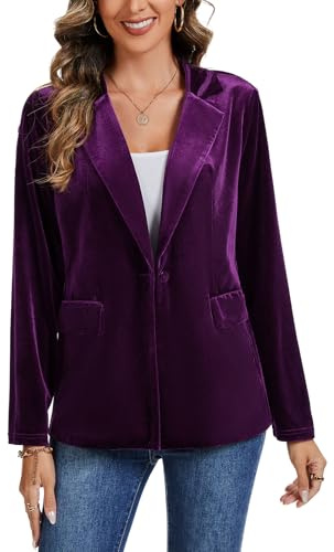 Kyzoeyou Women's Velvet Blazer Suit Casual Long Sleeve Jacket Ladies Office Work Notched Collar Coats Button Down Blazers with Pockets(Purple Large)