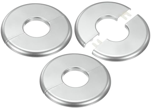M METERXITY 3-Pack Wall Split Flange 6.5mm/0.26in H Round ABS, Silver | For 32mm/1.26 in Dia Pipe, Self-Adhesive, Escutcheon Plate Cover Buckle for Floor, Ceiling, Plumbing Cover Plates