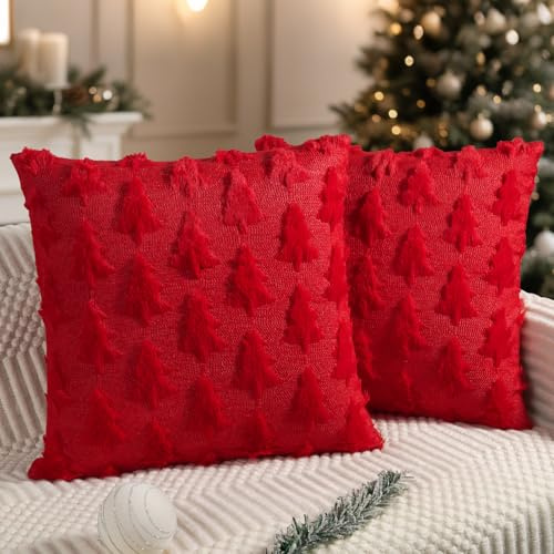 Miaikoe Weihnachtskissenbezüge 45x45 cm Set von 2 Rot Weihnachtsbaum-Kissenbezüge Weich Plüsch Kunstpelz für Winterferien Wohnzimmer Reiseautobahn Sofa Dekoration