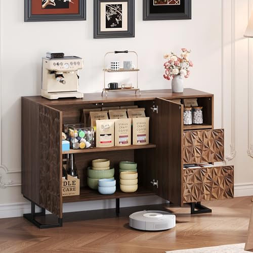DUlVBPE Armario auxiliar de 120 × 40 × 78,5 cm – Serie de poesía de hojas – grano de nogal oscuro con relieve de hojas – patas de metal, 2 puertas y 2 cajones – Apto para comedor, salón o pasillo
