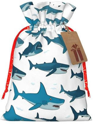 Patrón de tiburón con varios gestos, estampado de Navidad, bolsas de regalo con cordón, saco festivo, Navidad, fiesta de cumpleaños, embalaje de regalo
