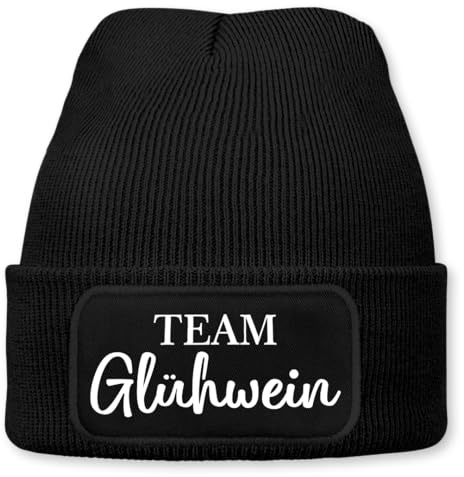 Prozente Momente Team Glühwein – lustige Wintermütze | Beanie für Damen & Herren, warm, elastisch & Unisex, Strickmütze mit Patch & Druck, perfekt für Après-Ski, Weihnachtsmarkt & Fasching