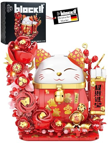 block!t Lucky Cat Klemmbaustein-Set mit warmem LED-Licht | 868 Teile Glücksbringer mit Geheimfach | Inkl. Grußkarte & 2 traditionellen roten Glücksumschlägen | Kompatibel