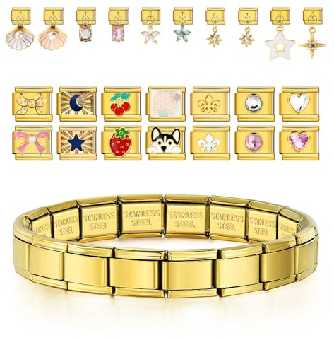 Gorgieousy Bracelet à breloques italien personnalisé – 10 breloques personnalisées et bracelet modulaire, lien flexible avec outil de montage, acier inoxydable, or, bricolage, One Size, Acier