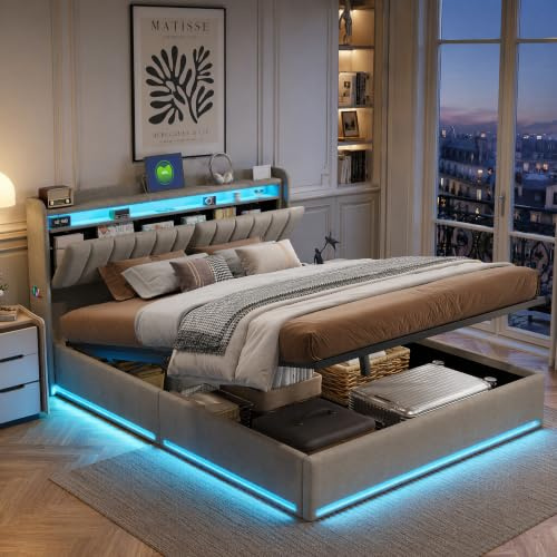 KRYZOR Cama Tapizada 140x200 cm con Canapé Abatible, LED y USB, Cama Matrimonio con Almacenaje Hidráulico, Cabecero con Espacio de Almacenamiento Oculto, Somier de Láminas Incluido, Gris Terciopelo.