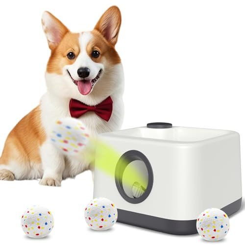 Automatic Dog Ball Launcher, Dual Auto-Manual Modes with Dog Barking Sound, Interactive Dog Fetch Toy, 3 Adjustable Distances, Dog Balls Thrower for Small & Medium Dogs, with 4 Durable ETPU Balls