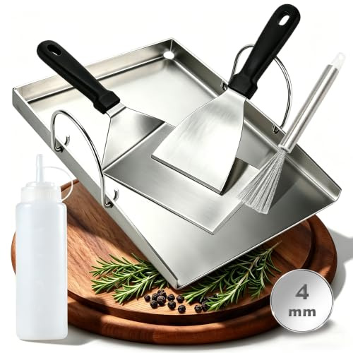 Worldgeil Plancha Grillplatte - Juego de 5 placas para barbacoa con 2 espátulas, botella de aceite y cepillo de limpieza, acero inoxidable de 4 mm de grosor, con asas extraíbles, para barbacoa de gas