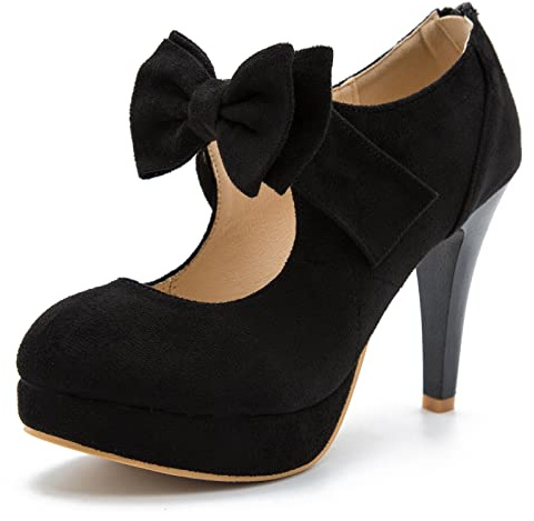 Women's Platform Mary Jane Pumps with Bow, High Heel, Closed Toe, Zip Closure Black Label Size 45 - US 12