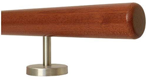 TIBU Mahagoni Geländer Handlauf Treppe Holz Griff 30-500 cm gerade Edelstahl Halter, Länge 200 cm mit 3 gerade Halter - Enden Radius gefräst