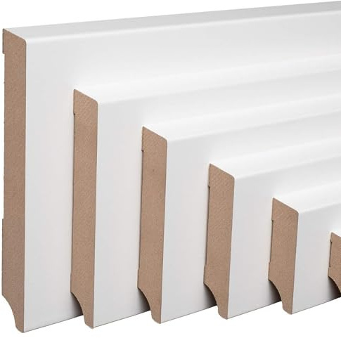 REESE - Sockelleiste - Leipziger Profil - MDF WEISS - Folie Oben Abgeschrägt - (80mm Höhe, 40 Stück / 92lfm) - nicht selbstklebend - 230 cm