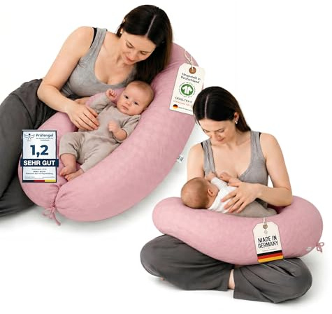 Minky Mooh® - Stillkissen XXL Bio Baumwolle (Öko-Tex 100) mit Kapok Füllung (190x30cm) rosa - Großes Baby-Kissen zum Schlafen, Stillen & Flasche geben, Schwangerschaftskissen & Seitenschläferkissen