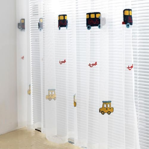 Vorhang Jungendzimmer Jungen Kurz Transparent Ösen mit Auto Stickereimuster | Gardinen Jungendzimmer Junge Durchsichtig Kindergardinen Kindervorhang Ösenvorhang Babyzimmer 2er Pack 140x260