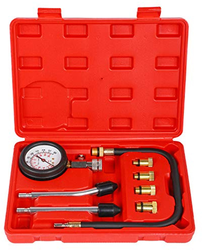 8PCS Compression Tester Kit Professional Petrol Gas Engine Cylinder Pressure Gauge 0-300 PSI Automotive Tool for Motorcycle Car Truck (Red 8pc)