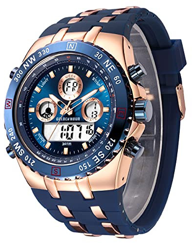 Affute Herren Militär Sportuhren Digitale wasserdichte Analoguhr mit Datum, Alarm, Leuchtet, Stoppuhr, Große Armee-Armbanduhr für klobige Männer (Roségold Blau)