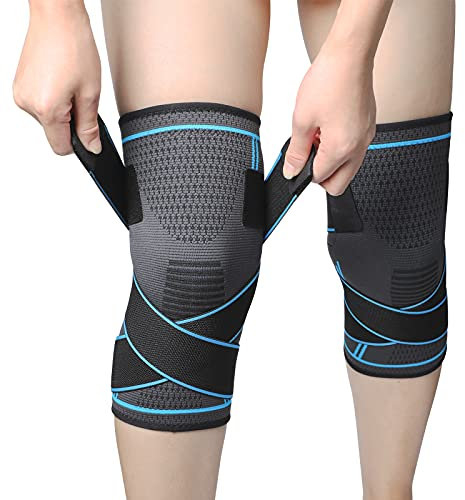 MILAIUN Ginocchiera Ortopedica 2 Pezzi, Tutore Ginocchio Legamenti Menisco, Elastica Antiscivolo Fascia Compressione Ginocchio,per Sport, Palestra, Corsa, Escursionismo (Blu-M).