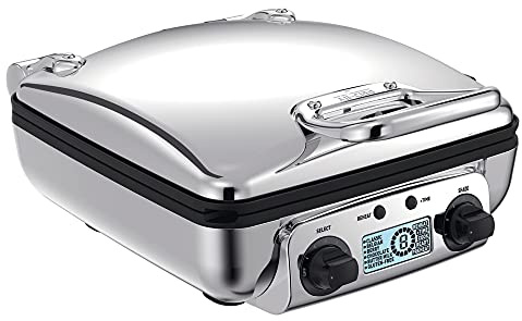 All-Clad Electric Stainless Steel Waffle Maker 4 slice, Digital screen and audible beep alert 7 Browning Levels, Square, Belgium Waffle, Removable Plates, Dishwasher Safe Silver