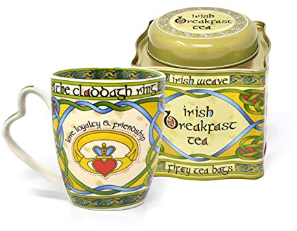 Royal Tara Set of 1 Irish Claddagh Ring Mug and1 Breakfast Tea Reusable Tin 50 Count Tea Bags Tea Bag Holder Morning Tea Set Housewarming Gift