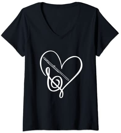 Damen Love Notenschlüssel Querflöte T-Shirt mit V-Ausschnitt