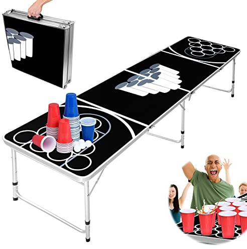 YARDIN Beer Pong - Set da tavolo con 1 tavolo per Beer Pong + 100 bicchieri (50 rossi e 50 blu) + 5 palline da ping-pong, stabile tavolo pieghevole in alluminio, capacità di carico: 60 kg