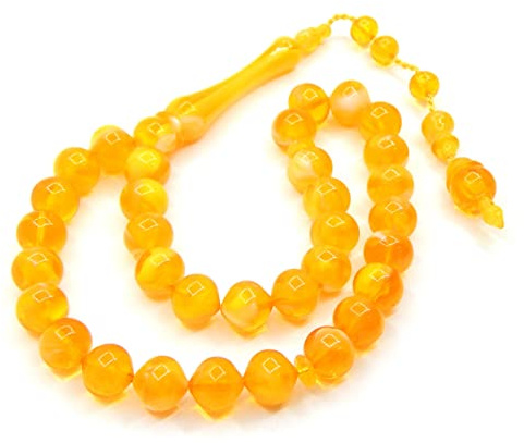 Perlin Gebetskette Tesbih Tasbih Tespih Misbaha Subha 33, 30cm, Muslimisches Islamic Rosenkranz Prayer Anbetungszubehör Ottoman Kehribar Effekt Gold Perlen Kugel 10mm