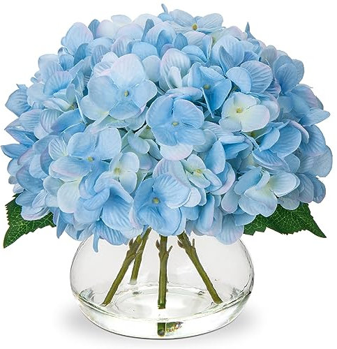 Oairse Flores artificiales de hortensias con jarrón, flor de hortensia sintética azul en jarrón de cristal con flores de seda de agua sintética, arreglo de flora falsa para el hogar, dormitorio, boda