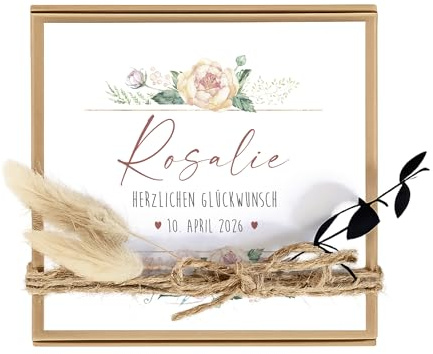 Manufaktur Liebevoll - Personalisierte Geschenkschachtel mit Namen, Datum und Spruch als Geschenkidee zur Geburt, Taufe, Geburtstag, Konfirmation, Jugendweihe (Rosalie)