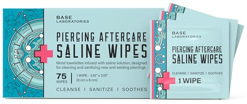Base Labs Piercing Aftercare Wipes | Piercing Cleaning Solution - 75 Wipes | Cleanses & Sanitizes all Body, Nose, Ear Piercings | Saline Solution Piercing - Keloid & Piercing Bump Treatment Wipes