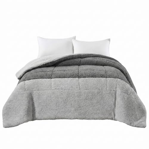 INTRECCI Trapunta Matrimoniale Invernale 250x250 cm In Tessuto Sherpa Agnellato Calda Coperta Autunno Inverno Piumone In Morbida Microfibra Anallergica Antiacaro (Grigio/Titanio)