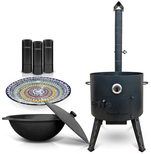 Utschak Feuerofen mit Thermometer Schornsteinverlängerung, Gusseisen Topf runder Boden mit Deckel (22 L), Lagan KazanoFF, Учаг, Kazan (Set 1)