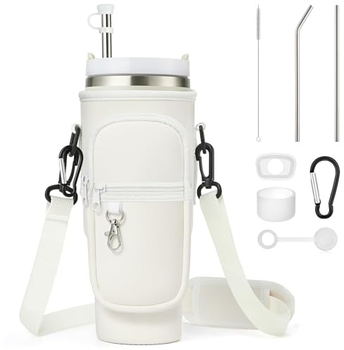 Enbagold Wasserflaschenhalter Tasche für Stanley Cup 40oz, Stanley Cup Tasche mit Riemen und Telefontasche, Strohzubehör & Auslaufsicheres Zubehör und Karabinerhaken (Cream Weiß)