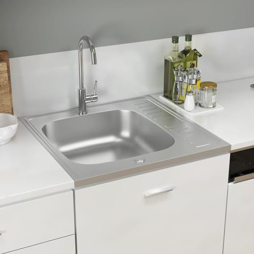 Vopese Fregadero de cocina con escurridor plateado 600 x 600 x 155 mm, acero inoxidable, fregadero de cocina, cuenco grande, lavabo de cocina para lavaderos, cocinas, bares, pubs