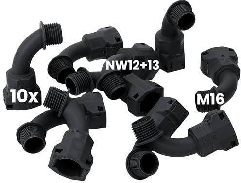 Kalitec 3805205 - Racor para manguera (10 unidades, arco de 90°, M16 NW12 + 13 negro, conector roscado para tubo ondulado, accesorio de montaje, ángulo de 90 grados)