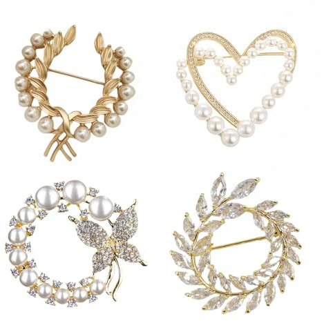 Lilbitty Lot de 4 broches pour femme - Accessoires élégants de qualité supérieure - Avec perles artificielles - En or et argent - Pour vêtements, sacs, écharpes