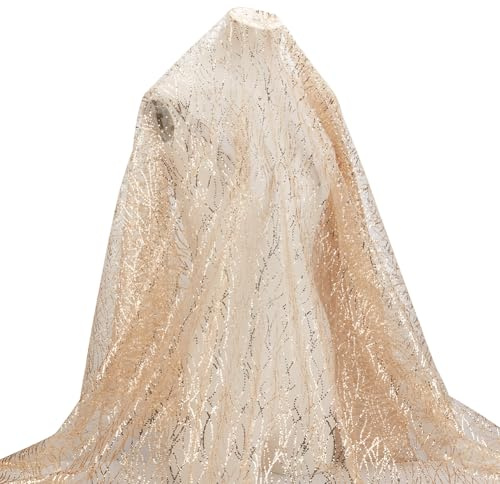 MAYJOYDIY 2M Gold Gewellter Paillettenstoff 150cm Breite Glitzernder Bestickter Tüllstoff Bling Hochzeitskleid Netzstoff Für DIY Basteln Bekleidung Vorhänge Tischdecken Hochzeit Party Dekor