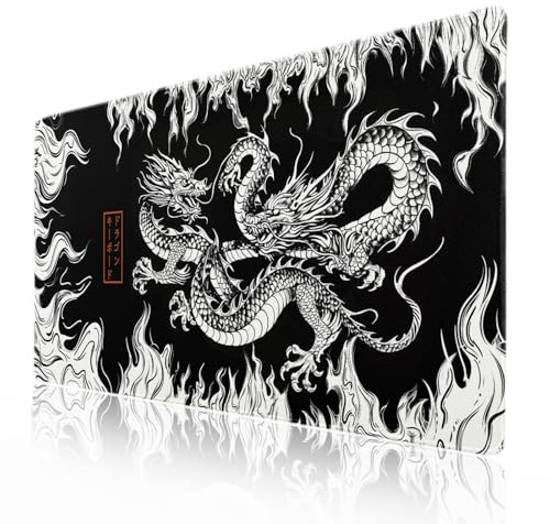 Mauspad mit japanischem Drachen, XXL, schwarz-weiß, ästhetisch, Anime, erweiterte Schreibtischmatte, 90 x 40 cm, rutschfeste Gummiunterseite, genähter Rand, großes Mauspad für Gaming, Laptop,