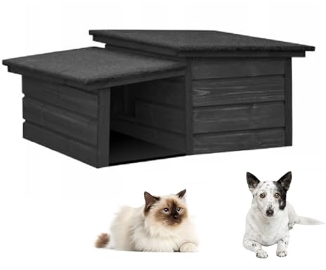 QLS Katzen- Hundehütte Größe S mit Vordach Isoliert aus Holz Winterfest Outdoor (Ebenholz, S)