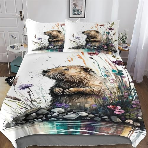 Beaver 3D Duvet Cover Set Easy Care Quilt Covers With Pillowcases Poly Cotton Soft Bedding Sets 2PCs Set, for Kids Youth Adult Bed Linen Comforter Cover Single (135x200cm)