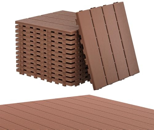 Aufun Fliesen Balkonfliesen 55 Stück, Terrassenfliesen in Holzoptik 30x30cm | Wasserfeste Gartenfliesen Kunststoff mit Klick-System, Bodenbelag für Balkon, Terrasse, Außenbereich, Braun-TyeA , 5m²