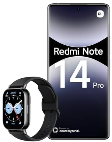 Xiaomi Smartphone Redmi Note 14 Pro, 8+256GB, fotocamera AI da 200MP, batteria da 5500mAh, fotocamera selfie da 32MP, funzionalità AI (caricabatterie non incluso), Nero + Watch 5 Lite