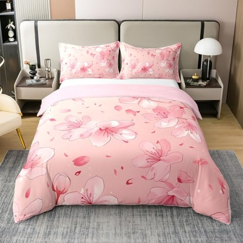 Housse de Couette 240 x 260 Fleurs de Cerisier Roses Coton Parure de Lit Décor Chambre Style Japonais Fleurs Couvre Lit Enfants Adultes Pétales de Dessin Animé Literie Vintage 2 Taies d'oreiller