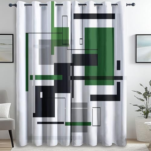 vorhänge 2 x 168 x 229 (2er Pack) Halbtransparente Modern Ösenschal für Schlafzimmer Geometrie, abstrakt, modisch Verdunkelungs Schlafzimmer Wohnzimmer Fenster Vorhänge Grün Schwarz
