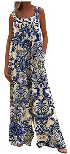 FUPODD Jumpsuit Damen Sommer Lang Weites Bein Musselin Latzhose Mit Taschen Jumpsuits Locker Ärmellos Mit Träger Boho Overall Elegant Baumwolle Leinen Bohemian Playsuit Knöpfe Onesie Frauen Strand
