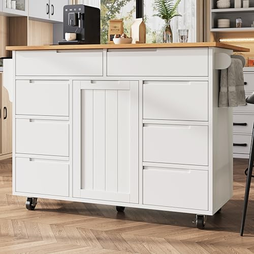 Wiuzo Moderna isla de cocina, armario de cocina, carrito de cocina extensible con ruedas y encimera, carrito de servir con estante para especias y 8 cajones, 122 x 46 – 74,5 x 91,5 cm (blanco)