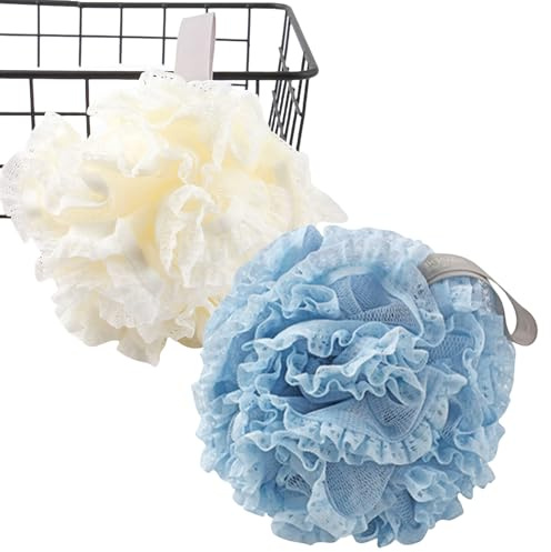 Spugna da bagno per doccia Loofah Balls morbida e durevole, spugna per doccia in schiuma di rete per donne e uomini, pulita, spazzola lenitiva per la pelle (blu e bianco)