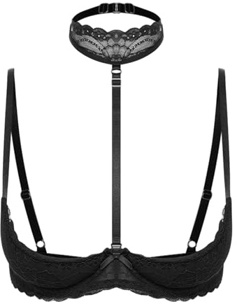 FEESHOW Donna Reggiseno Senza Coppe Lingerie Pizzo Bralette Seno Libero Seno Scoperto con Collare Biancheria Intima Erotica