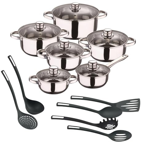 Well Home Juego de Batería de cocina de 12Pc en acero inoxidable + 6 Utensilios básicos de cocina en PBT negro