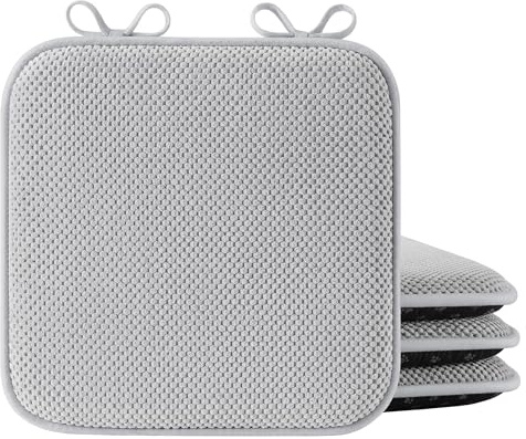 puredown® Chair Cushions for Dining Chairs, Set of 4 Memory Foam Seat Cushions with Non-Slip Backing & Ties, 16 x 16 x 1.5, Comfortable & Supportive Dining Chair Pads for Kitchen, Light Grey