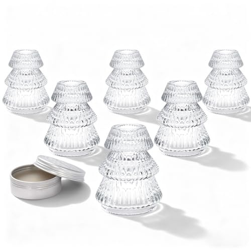 Romcanmy Bougeoir Noël, Lot de 6 Sapin Noël Bougeoir en Verre avec Cire Adhésive, Transparent Rayures Porte Bougie pour Bougies Conique, Élégants Photophore Bougie pour Centre de Table Mariage Fête