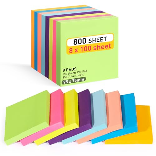 Lychico 800pcs Coloured Sticky Notes - 75 x 75mm Post it Notes, 8 Pads of 100 Sheets Removable Adhesive Memo Pads, No-Residue Page Markers for Books, Journals, Office, School, Bible Study